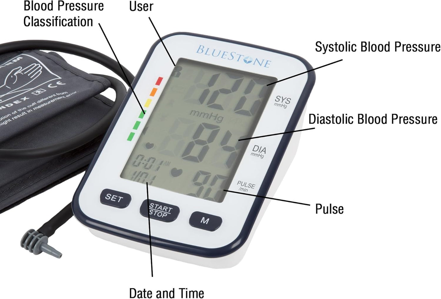 Blood Pressure Cuff - Electronic Digital Upper Arm Heart Monitor with LCD Screen - Personal Health Tracking Device for Hypertension by Bluestone