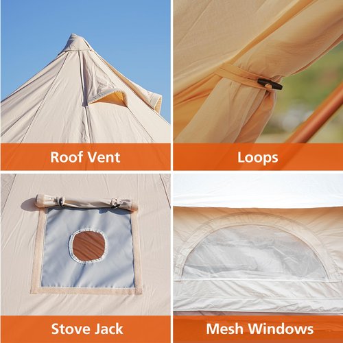 VANFOND Canvas Bell Tent with Stove Jack, Waterproof and Breathable Wall Tent for Glamping and Camping Parties - Detachable Groundsheet (Beige, 10ft(3m))