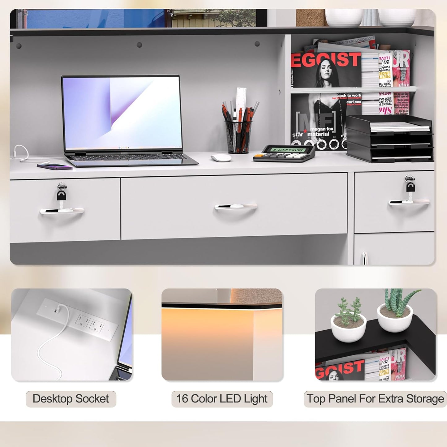 AHB Reception Desk with Counter, Modern Front Table Equipped Lockers & Storage Shelves, 50-inch Checkout Counter with LED Lights & DIY Stripe for Lobbies, Salons, Retail, Home Offices, Reception Room