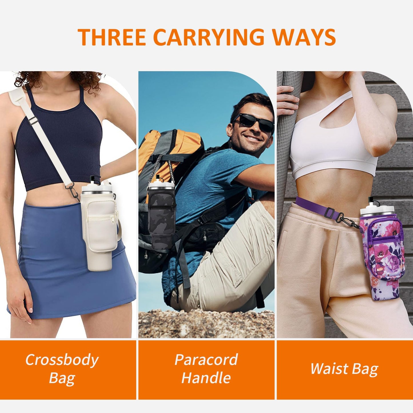 AceTreker 40 oz Stanley Tumbler Sleeve Bag with Paracord Handle & Straw Cap, Neoprene Vacuum Insulated Travel Mug Carrier Pouch with 2 Pockets & Shoulder Strap for Car Home Work-Purple Rose