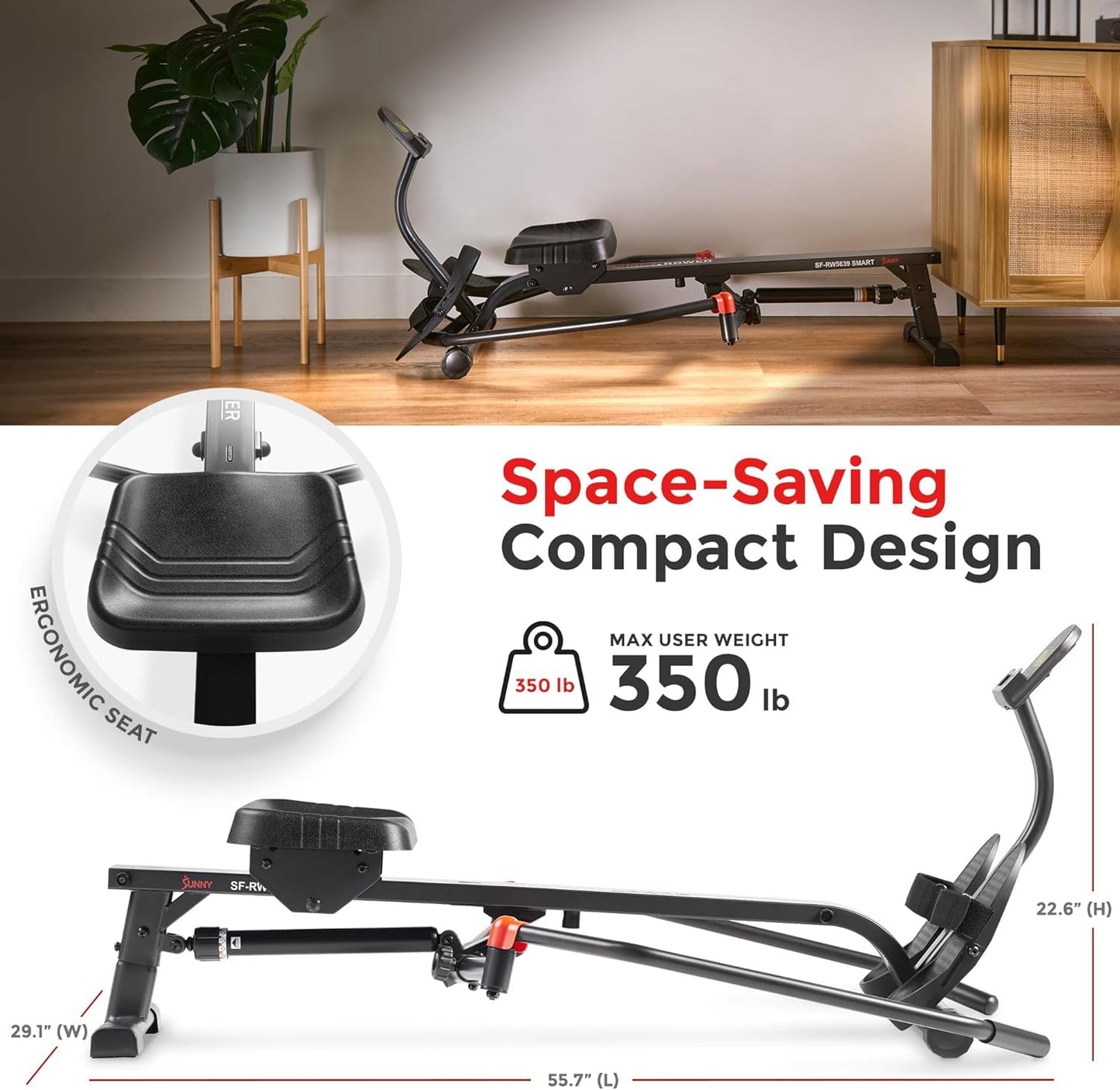Sunny Health & Fitness Smart Compact Full Motion Rowing Machine, Full-Body Workout, Extra-Long Rail, 350 LB Weight Capacity and Free SunnyFit® App Enhanced Bluetooth Connectivity SF-RW5639SMART