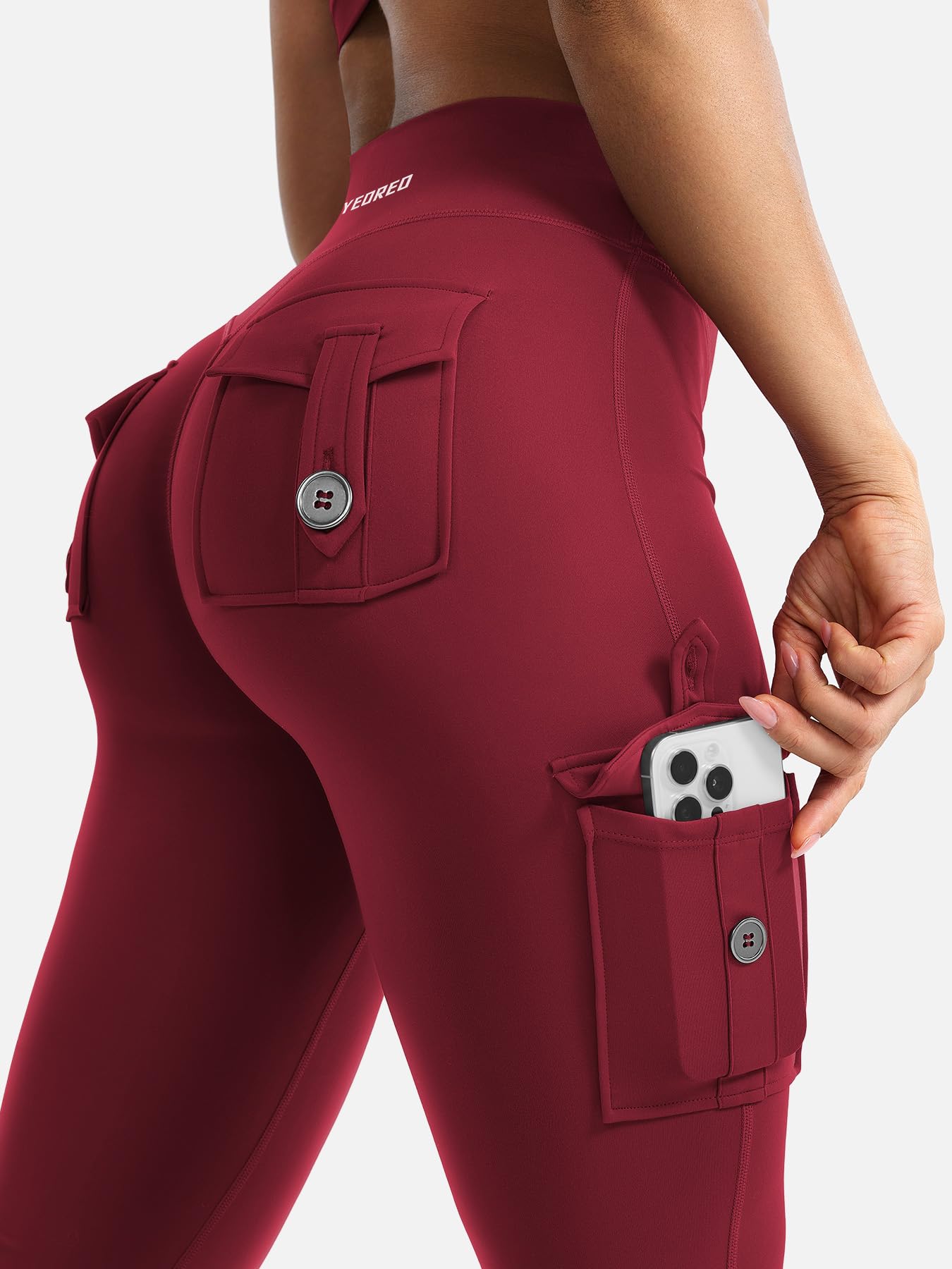 YEOREO CoreFlex Women Workout Flare Leggings with Pockets Hidden Scrunch Cargo Gym Yoga No Front Seam Leggings Wine S