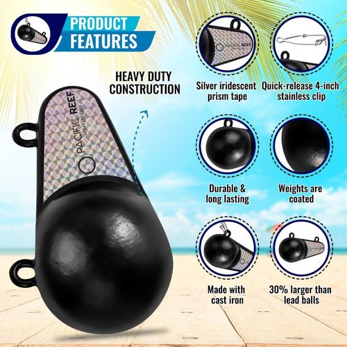 PacificReef® Downrigger Weight Oval w/Fin Coated Ball [4lbs, 6lbs, 8lbs, 10lbs, 12lbs] - Sinker for Downriggers Weight Pancake Oval Canon Ball with Protective Vinyl Coating for Salmon (8 lbs)
