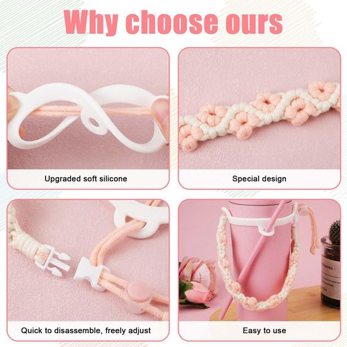 NQEUEPN Water Bottle Handle for Stanley Cup & Water Bottles 8-40oz, Boho Macrame Water Bottle Handle Strap Silicone Water Bottle Strap Coffee Mug Sling Travel Tumbler Accessories