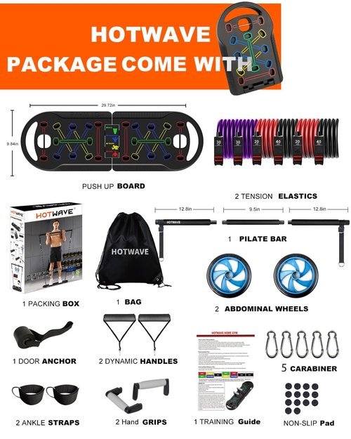 HOTWAVE Portable Exercise Equipment with 16 Gym Accessories,20 in 1 Push Up Board Fitness,Resistance Bands with Ab Roller Wheel,Full Body Workout at Home