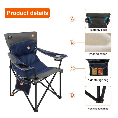 LANMOUNTAIN Oversized Folding Camping Chair,Heavy Duty Padded Portable Lawn Chair w/Extra Large Cup Holder,Side Pocket for Adults Outdoor Sports Hiking Beach Garden Picnic,Dark Blue