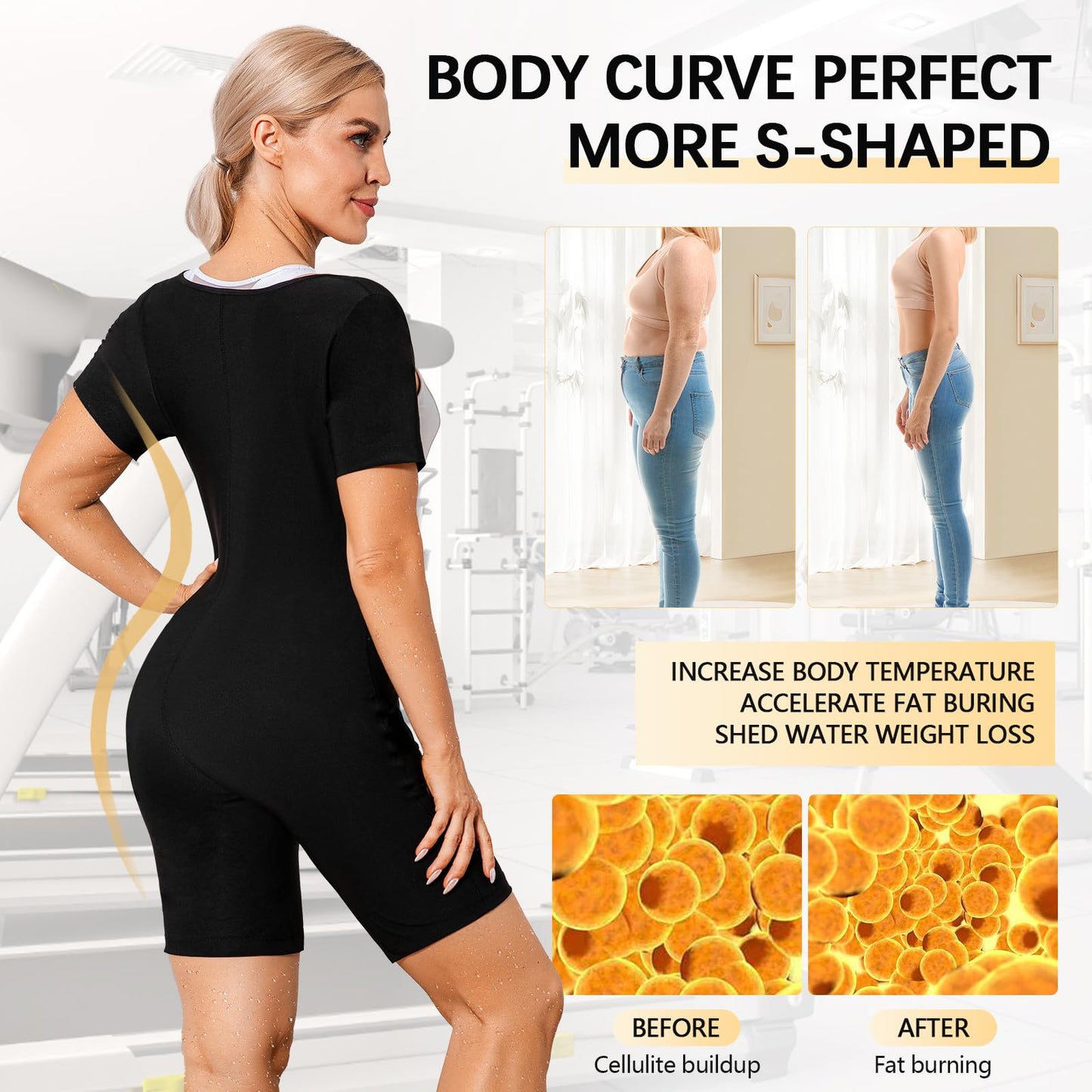 Everfion Sauna Suit for Women Full Body Waist Trainer Short Sleeve Sweat Suit with Shorts Full Body Shaper (Blue, L)