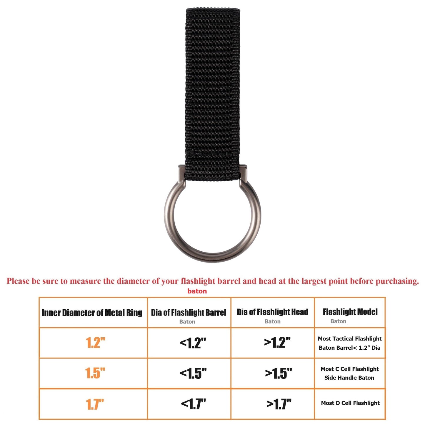 TACNEX Side Handle Baton Holder D/C Cell Flashlight Carrier 1.5" Metal Ring Police Stick Holster Nylon Strap Duty Belt Keeper