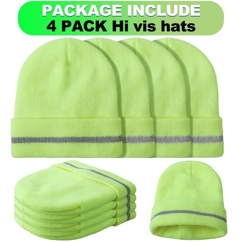 Suhine 4 Pack Men Hi Vis Winter Hats Fleece Lined Hi Vis Beanies with Reflective Stripes Fluorescent Thermal Hats for Outdoor(Neon Yellow)