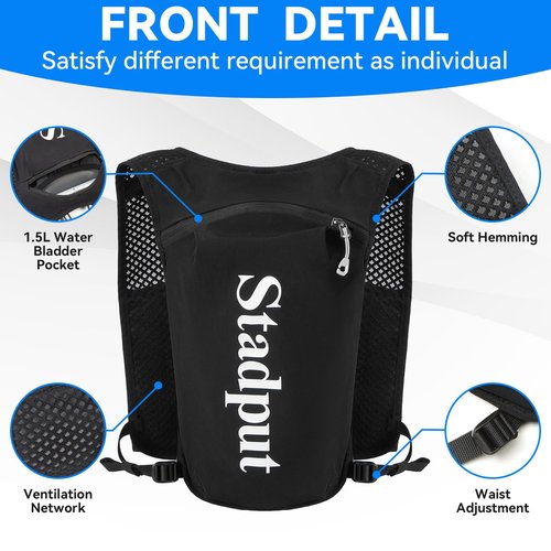Reflective Hydration Running Vest Backpack | Lightweight 1.6L Water Bladder Bag for Trail Running, Cycling & Marathon | Perfect for Men & Women with Mobile Holder & Multiple Pockets | Premium Black