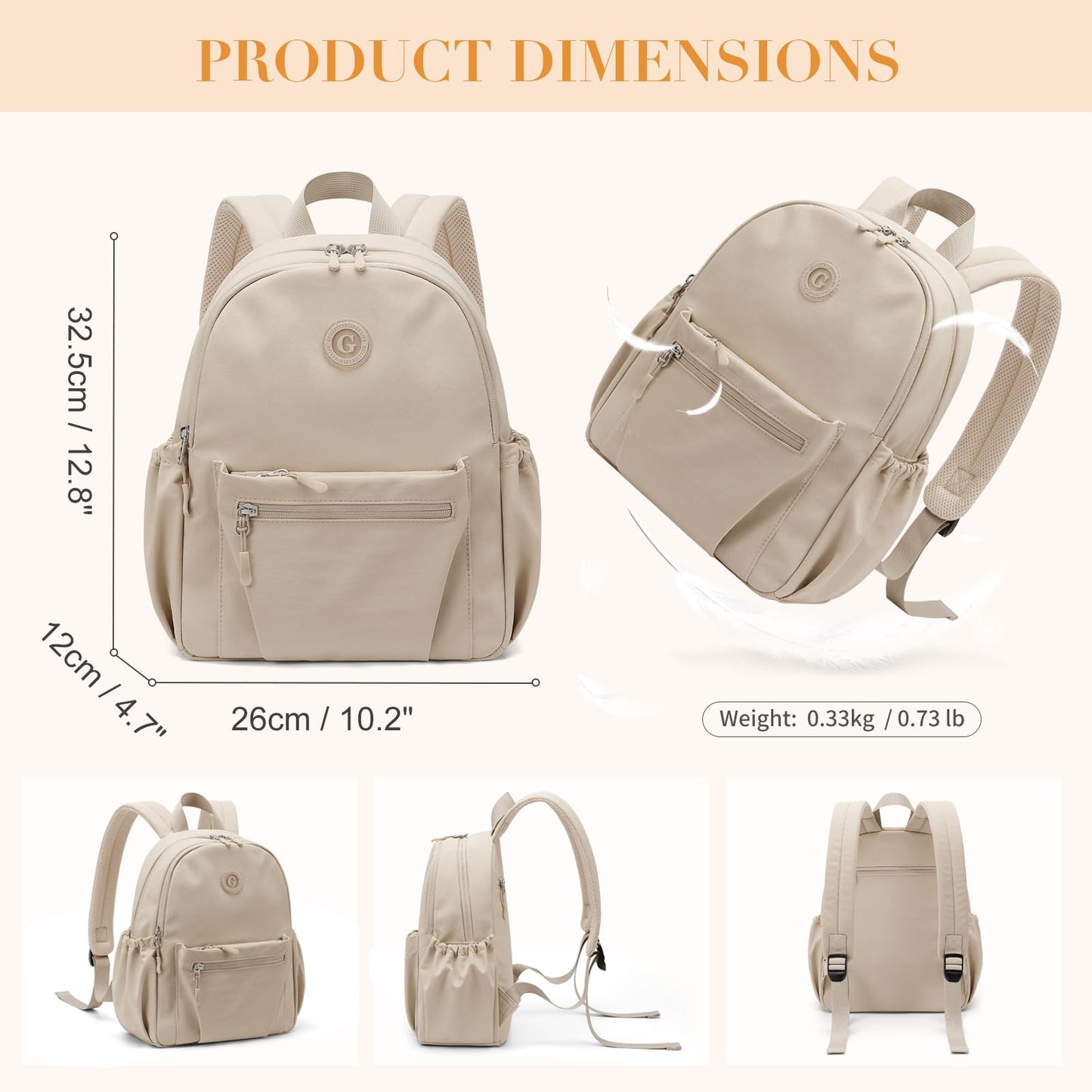 GOLF SUPAGS 10L Mini Backpack Lightweight Nylon Daypack for Women, Small City Pack, Versatile Ladies Backpack for Shopping & Travel, Apricot