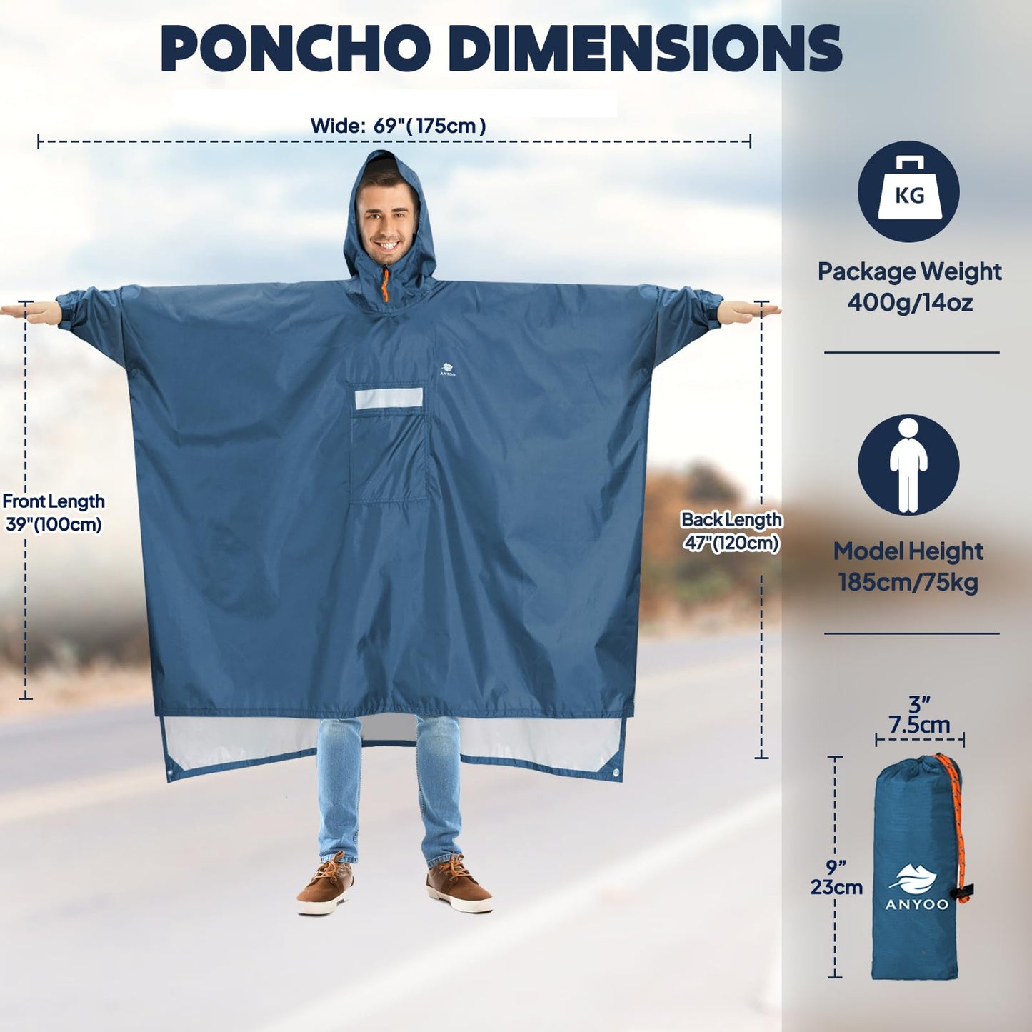 ANYOO Hooded Rain Poncho for Adults with Pocket, Waterproof Lightweight Rain Coats for Men Women Reusable Rain Jacket for Emergency Camping Outdoor Activities