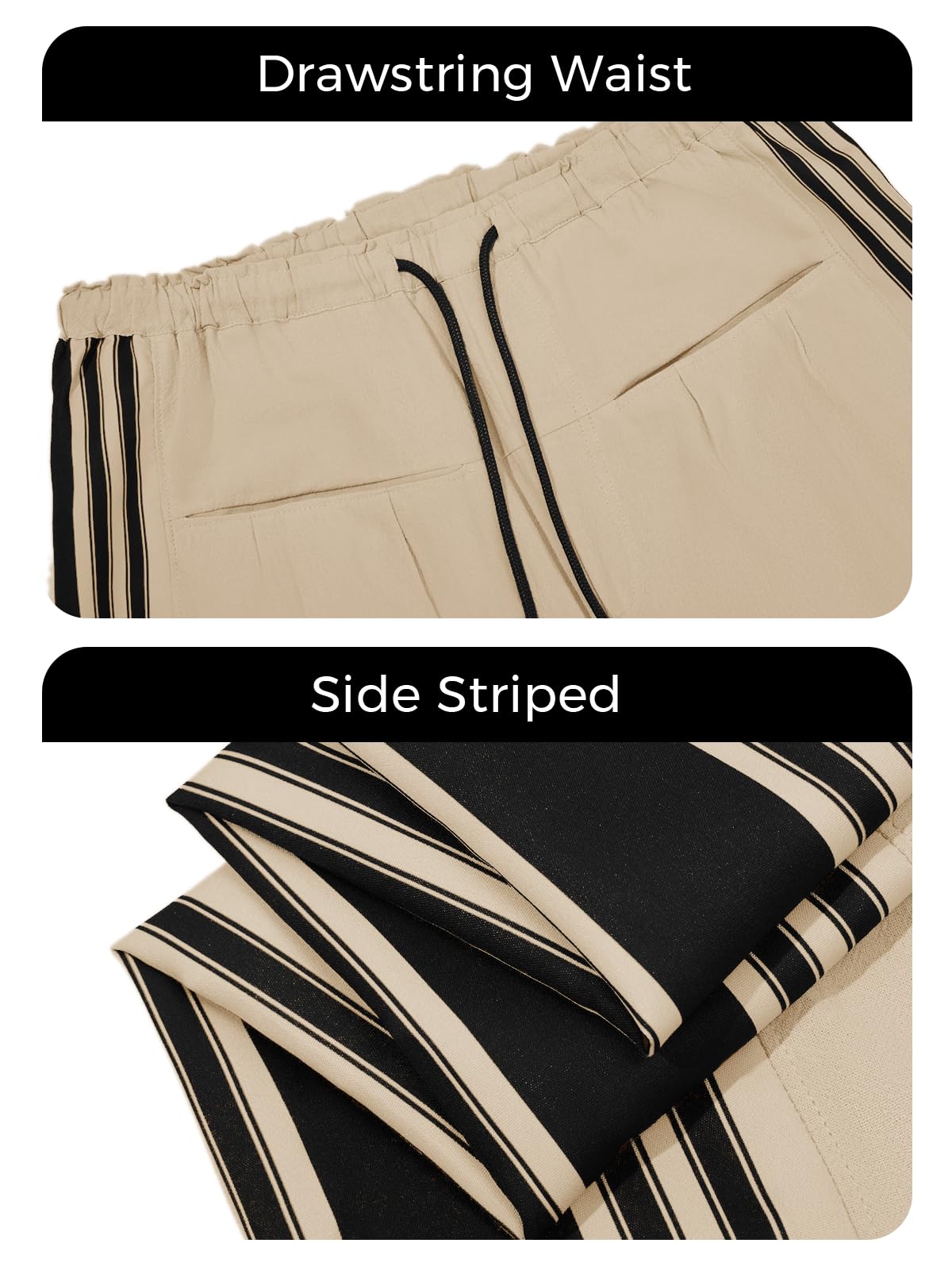 Fisoew Womens Wide Leg Pants Drawstring High Waisted Striped Baggy Palazzo Track Pants with Pockets Light Khaki