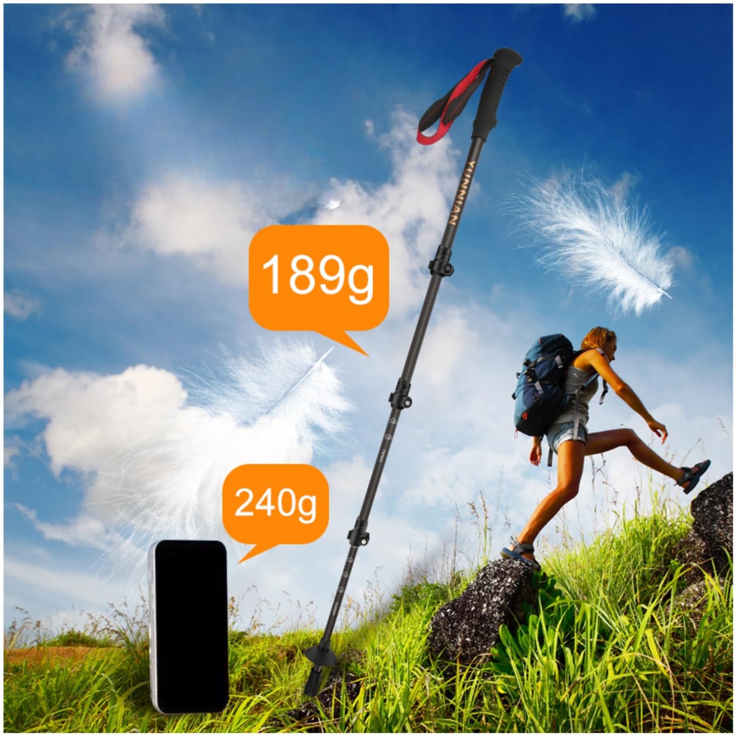 Jahreszeit Carbon Fiber Trekking Pole - Ultralight Collapsible Walking Stick for Hiking with Adjustable Quick Flip Locks and Storage Bag