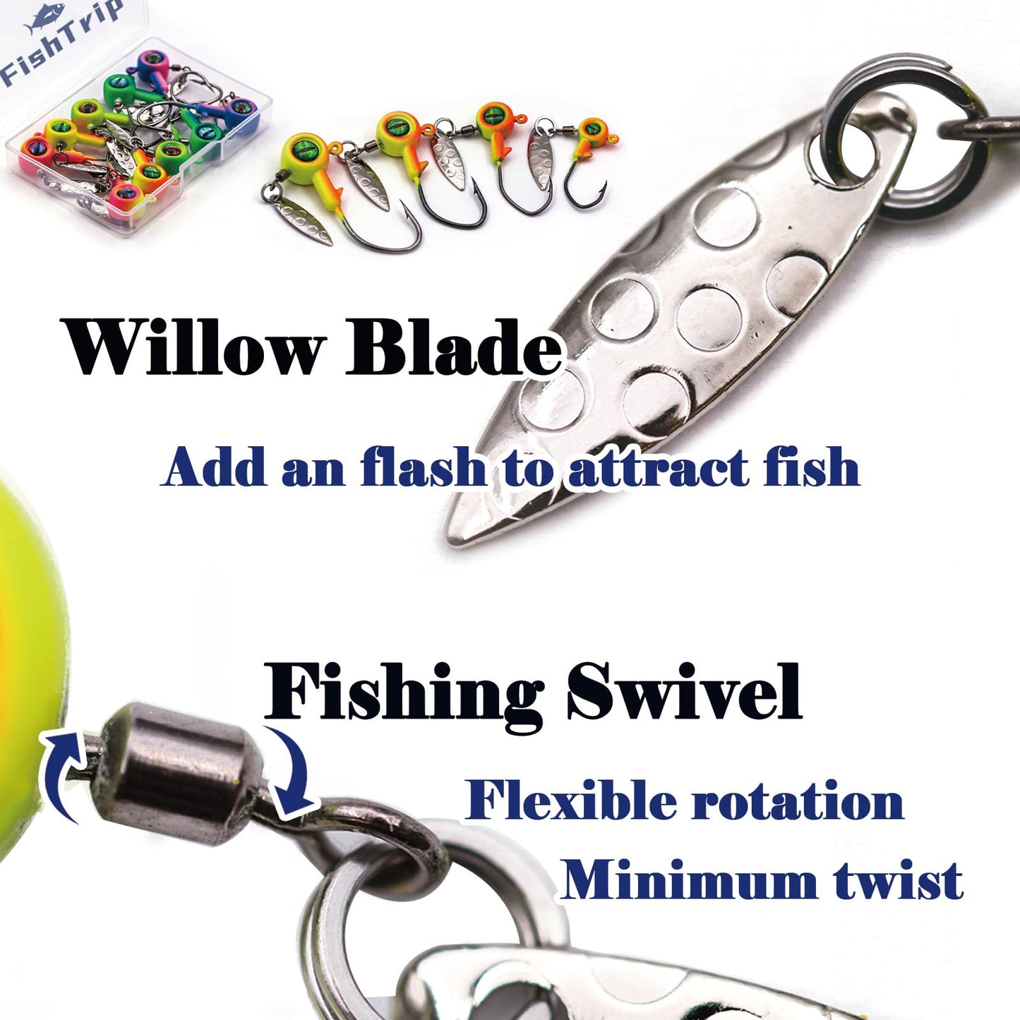 FishTrip Jig Heads Hooks with Spinner - 10Pcs Underspin Crappie Fishing Jighead with Willow Blade for Saltwater Freshwater 1/16oz,1/8oz,3/16oz,1/4oz