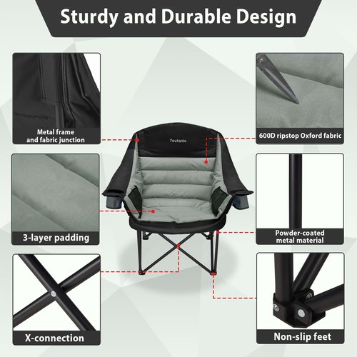 Youtanic Oversized Camping Chair, Portable Folding Camping Chairs with Side Pocket, Cup Holder and Carry Bag, Heavy Duty Outdoor Camping Chairs for Adults, Fishing, Sports, Trip, up to 400lbs, Style 4