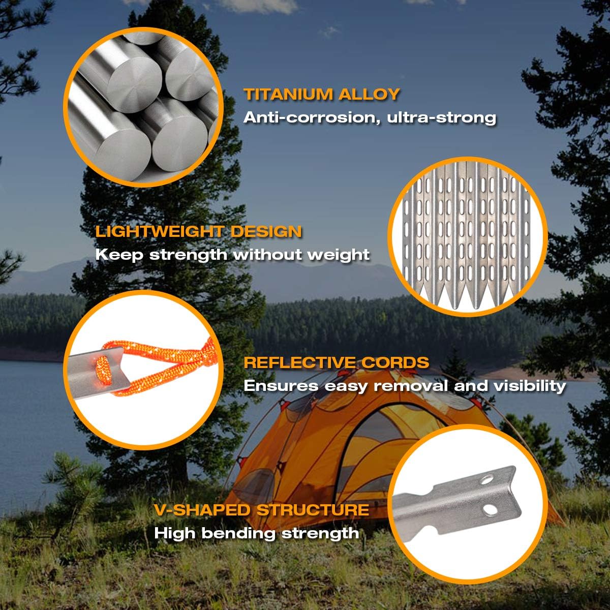 Ultralight Titanium Tent Stakes 6 Pack - V-Shaped Tent Pegs with Reflective Pull Cords - Made for Camping