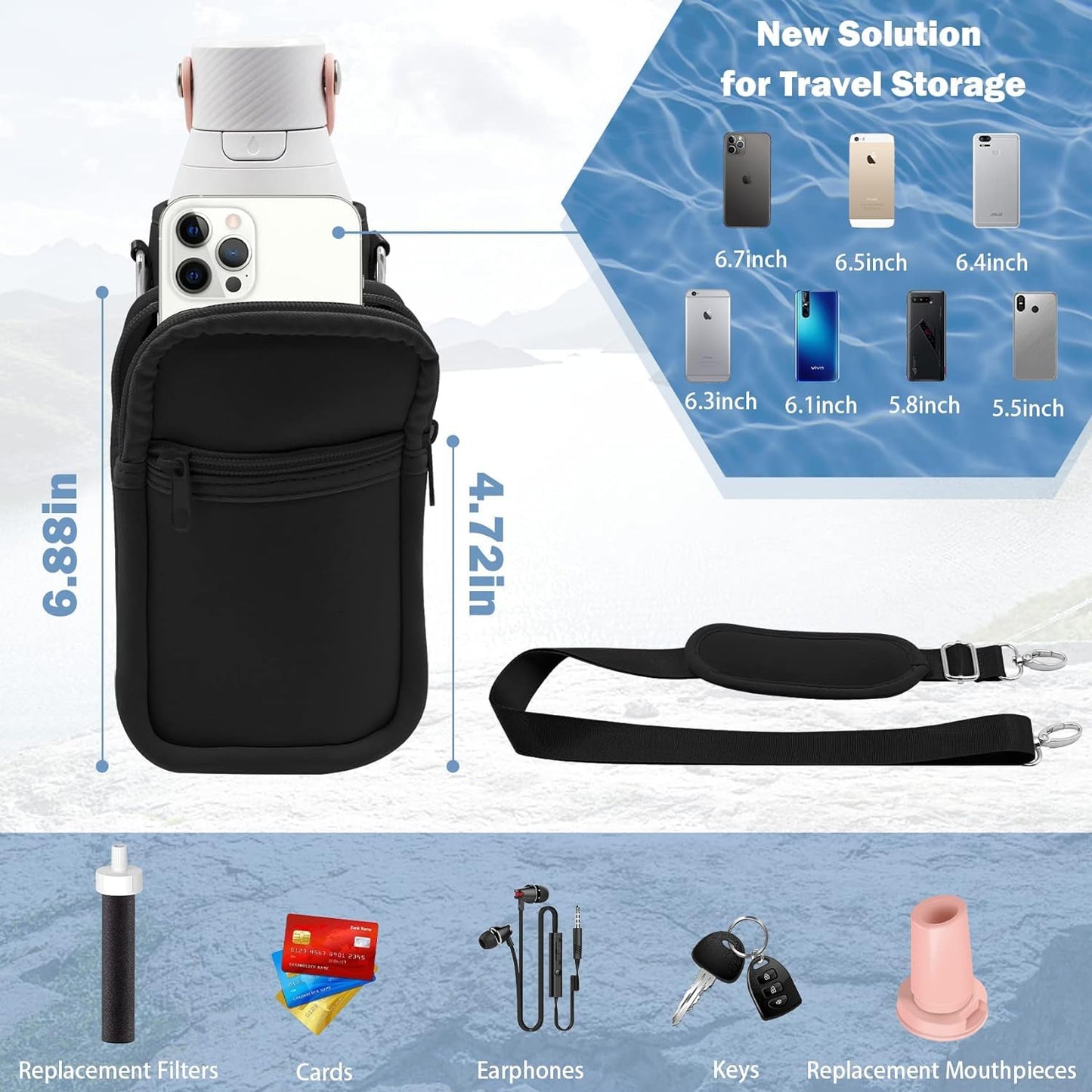 JAYOBGO Water Bottle Bag for Brita 26oz - Water Bottle Holder with Adjustable Strap Bottle Carrier Bag, Sports Water Bottle Accessories for Brita 26oz Carrier Bag with Phone Pocket (Black)