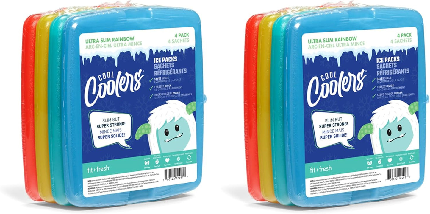 Cool Coolers By Fit & Fresh 4 Pack Slim Ice Packs, Quick Freeze Space Saving Reusable Ice Packs for Lunch Boxes or Coolers, Multi Colored, Single Pack