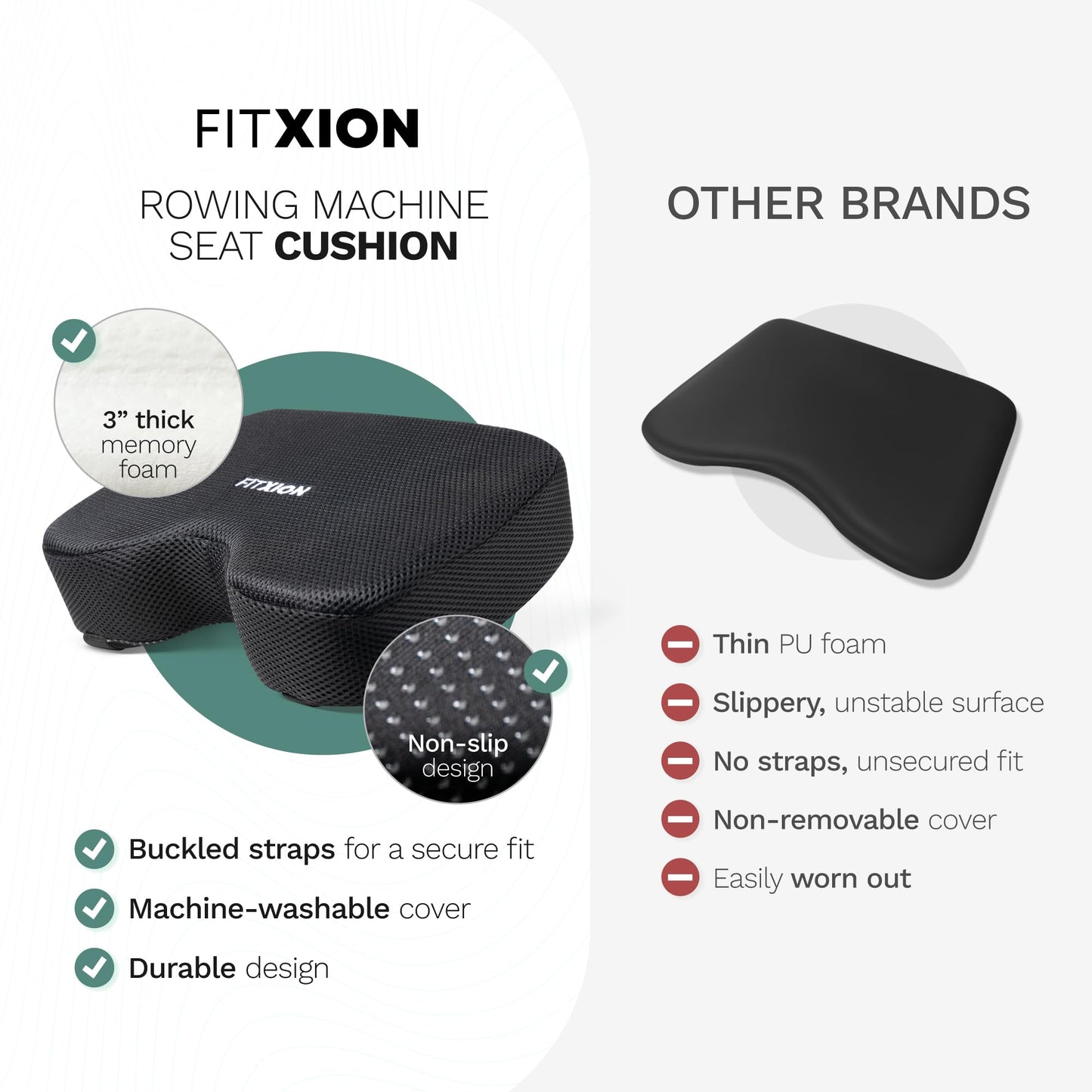 FitXion Rowing Machine Seat Cushion – Ergonomic Tail Bone Comfort Memory Foam Pad for Concept 2, Water Rower, Peloton or Recumbent Bike. Anti-Slip Base, Buckled Straps for Indoor Rowing Workouts