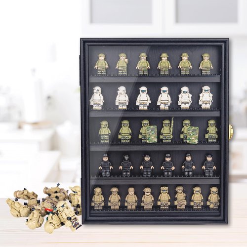 Minifigure Display Case 11X14 Inch with Lock,Figures Building Block Toy Wooden Shadow Box，Miniature Collectibles Display Cabinet Wall Mount or Tabletop for Storage Mini Figure Black