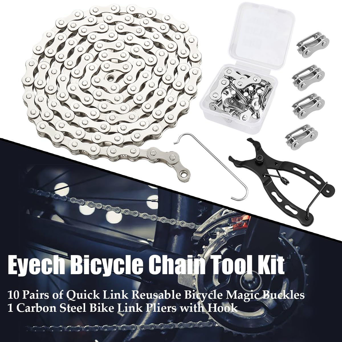 Eyech Bicycle Chain Tool Kit, 10 Pairs Quick Link Reusable Bicycle Buckle for Single Speed Silver Steel, Carbon Steel Bike Link Plier with Hook, Bike Magic Buckle Missing Link Connector