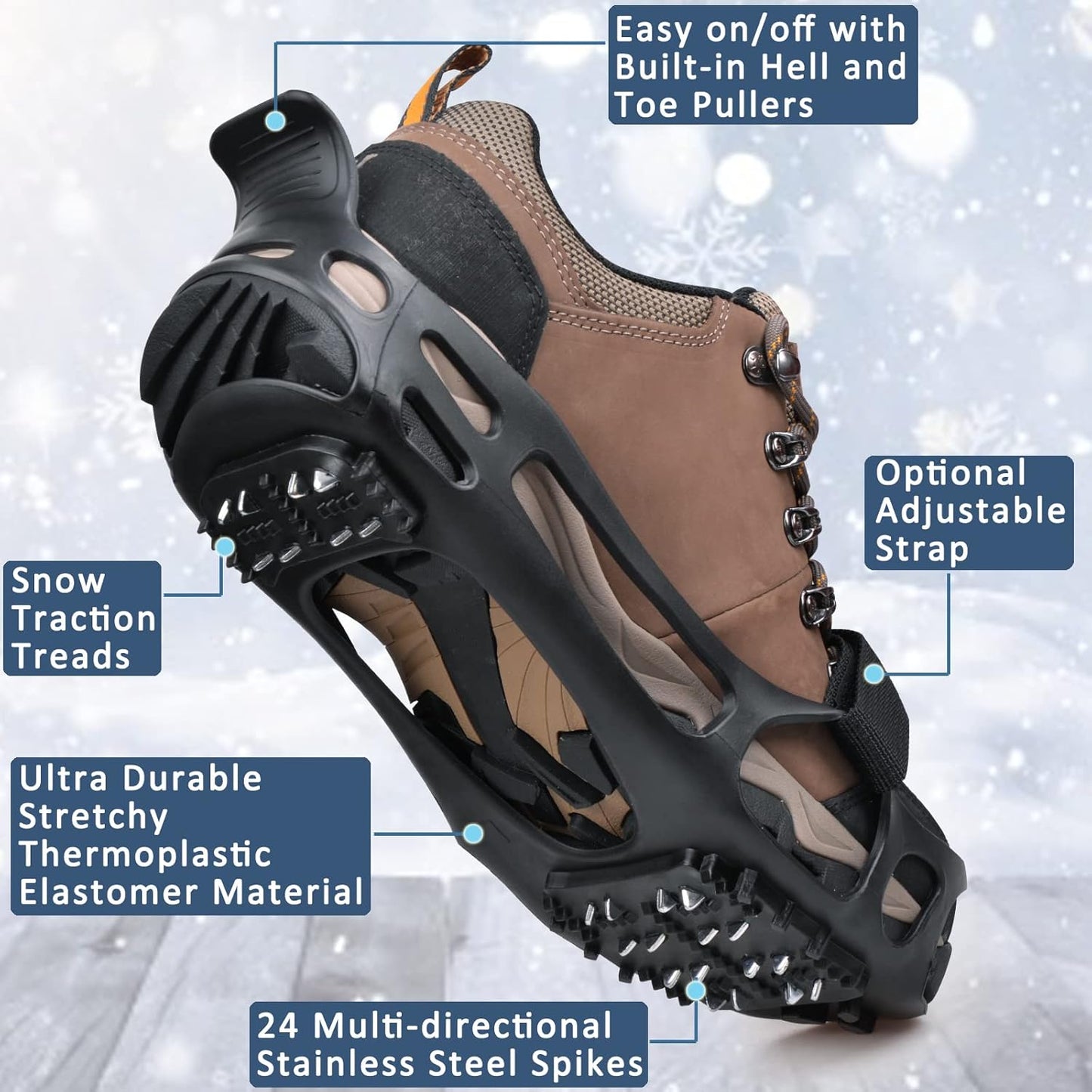 Ice Cleats Crampons Anti Slip Shoe Spikes for Snow Ice Cleats for Shoes and Boots Men Women Winter Walking Non-Slip 24 Studs Stretch Rubber Footwear