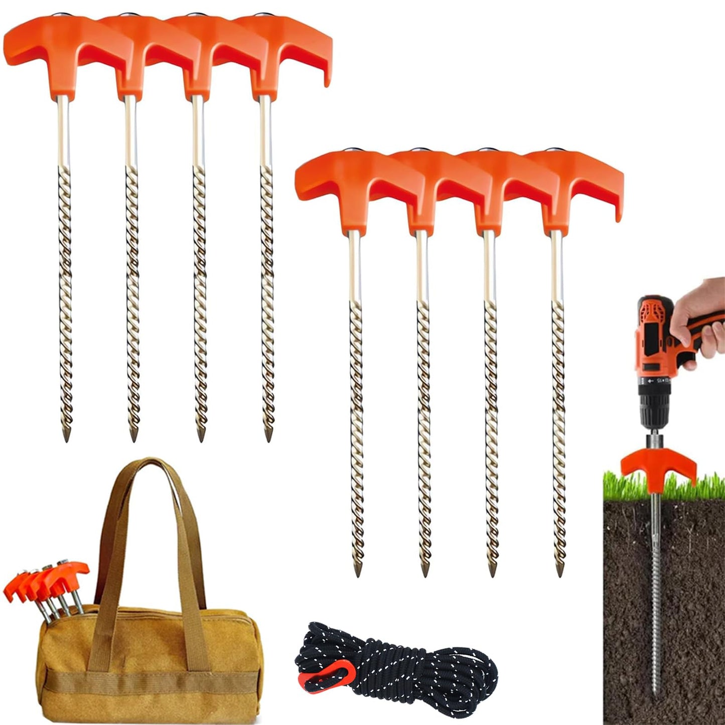 8" Screw in Tent Stakes - Ground Anchors Screw in, Screw in Tent Stakes Heavy Duty, Metal Threaded Tent Spikes, Tent Stakes for Outdoor Camping (4)