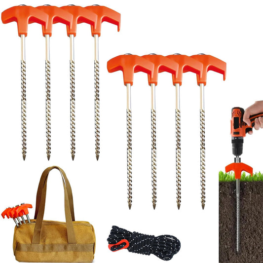 8" Screw in Tent Stakes - Ground Anchors Screw in, Screw in Tent Stakes Heavy Duty, Metal Threaded Tent Spikes, Tent Stakes for Outdoor Camping (4)