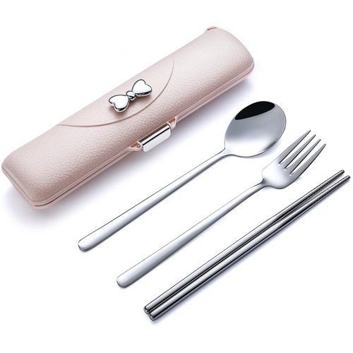 DEVICO Travel Silverware Set with Case, Portable Lunch Utensils Set for Work, Reusable Travel Cutlery Set, 18/8 Stainless Steel Flatware for Caming School Picnic, Dishwasher Safe (Pink)