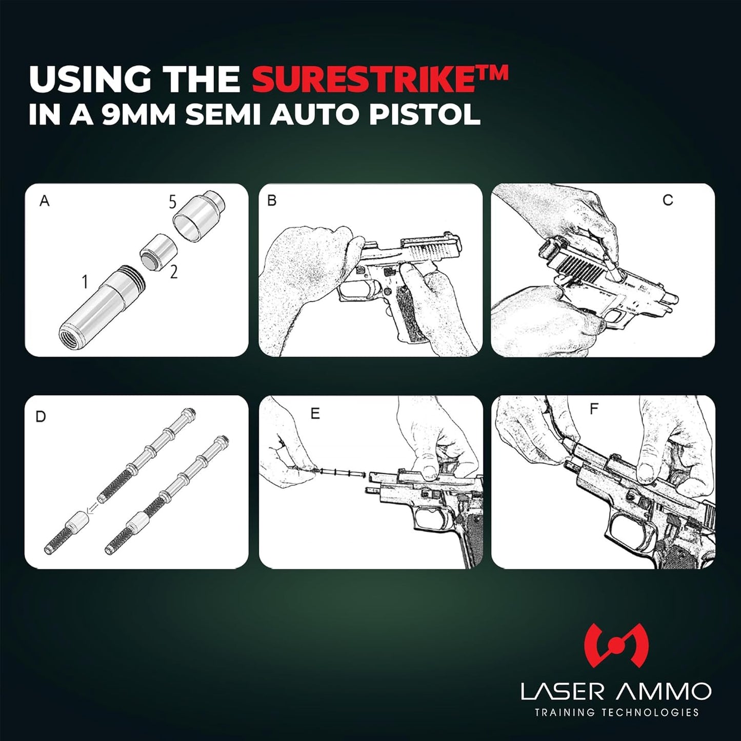 SureStrike™ Premium Plus Kit - SureStrike™ Training Laser Cartridge (Class I, 3.5mW) for 9mm, .40S&W, 45ACP.