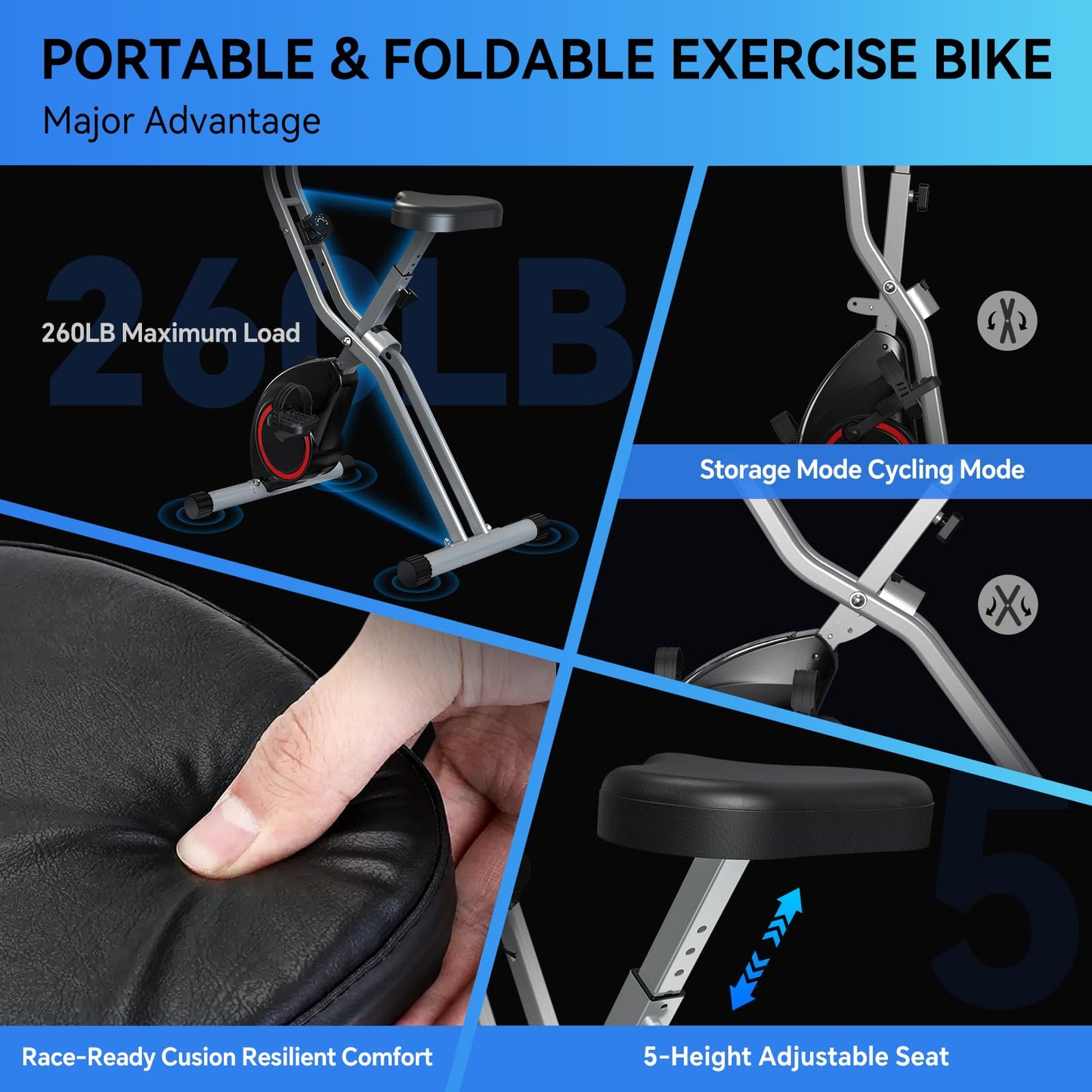 Foldable Exercise Bike for Small Apartments, Stationary Bikes for Home, Indoor Portable Cycling Bike with 16-Level Magnetic Resistance, 260LBS Capacity, 5.5 LBS Flywheel, for Small Space Workout 816