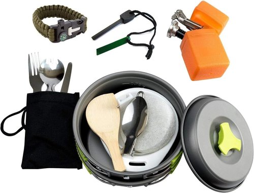 MalloMe Camping Cookware 18pc Mess Kit w/Backpacking Stove – Camping Cooking Set for Backpacking Gear - Camping Pots and Pans Set w/Camping Pot Pan Stove Utensils Camp Kitchen Equipment Accessories