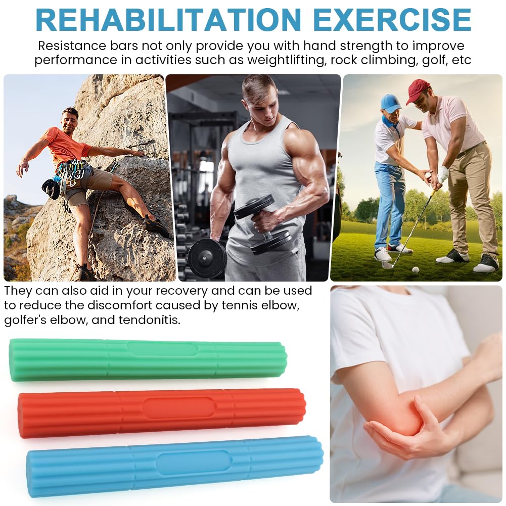 Flex Bar for Tennis & Golfers Elbow Therapy - 3 Resistance Levels, Relieve Tendonitis, Wrist & Forearm Pain, Improve Grip Strength | 3-Pack Physical Therapy Bar for Athletes, Rehab & Home Use
