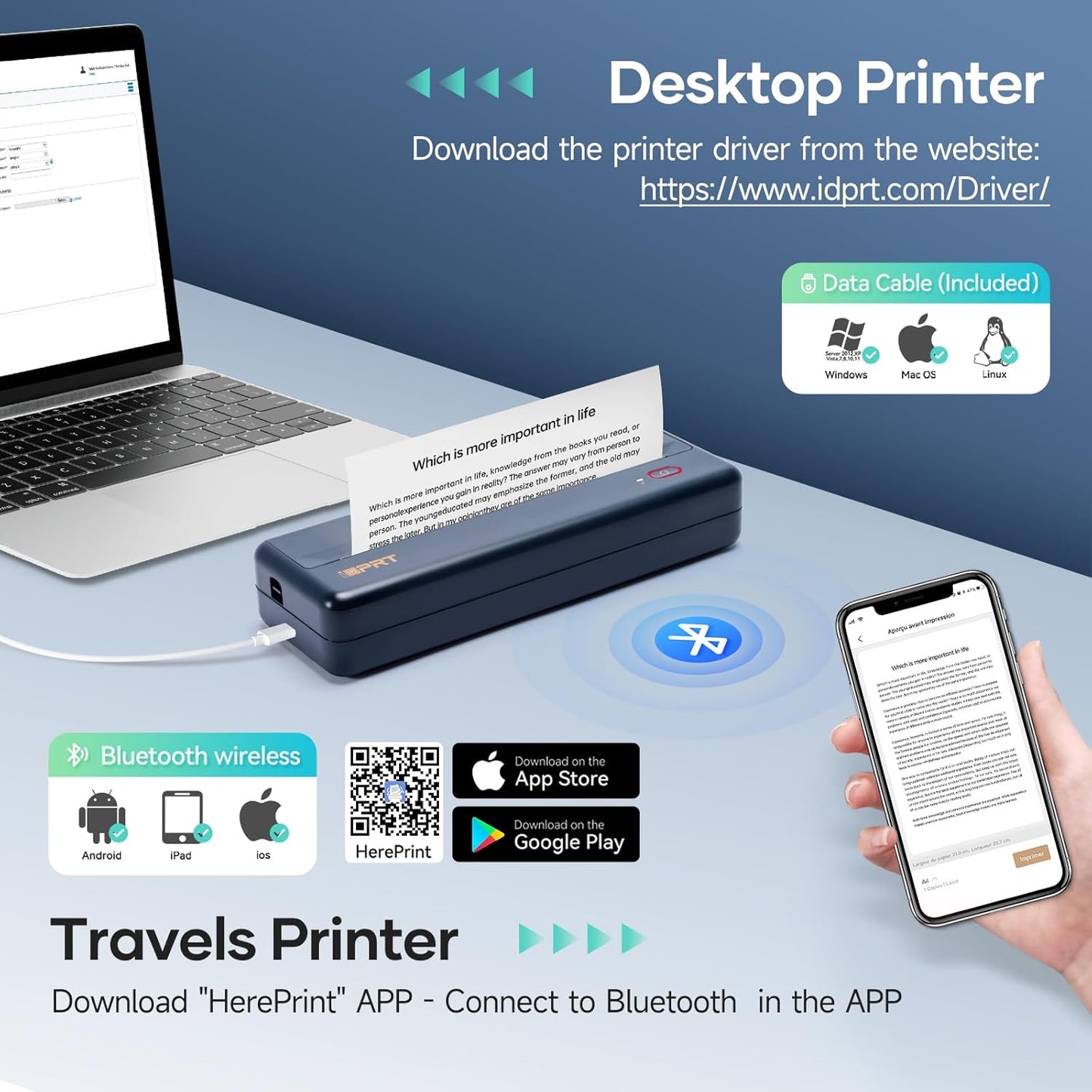 iDPRT MT890 Portable Wireless Printer - with Thermal A4 Paper, Bluetooth Inkless Printer for Travel/Home, Support US Letter&A4&A5 Size, Mobile Printers Compatible with iOS, Android & Laptop - Blue