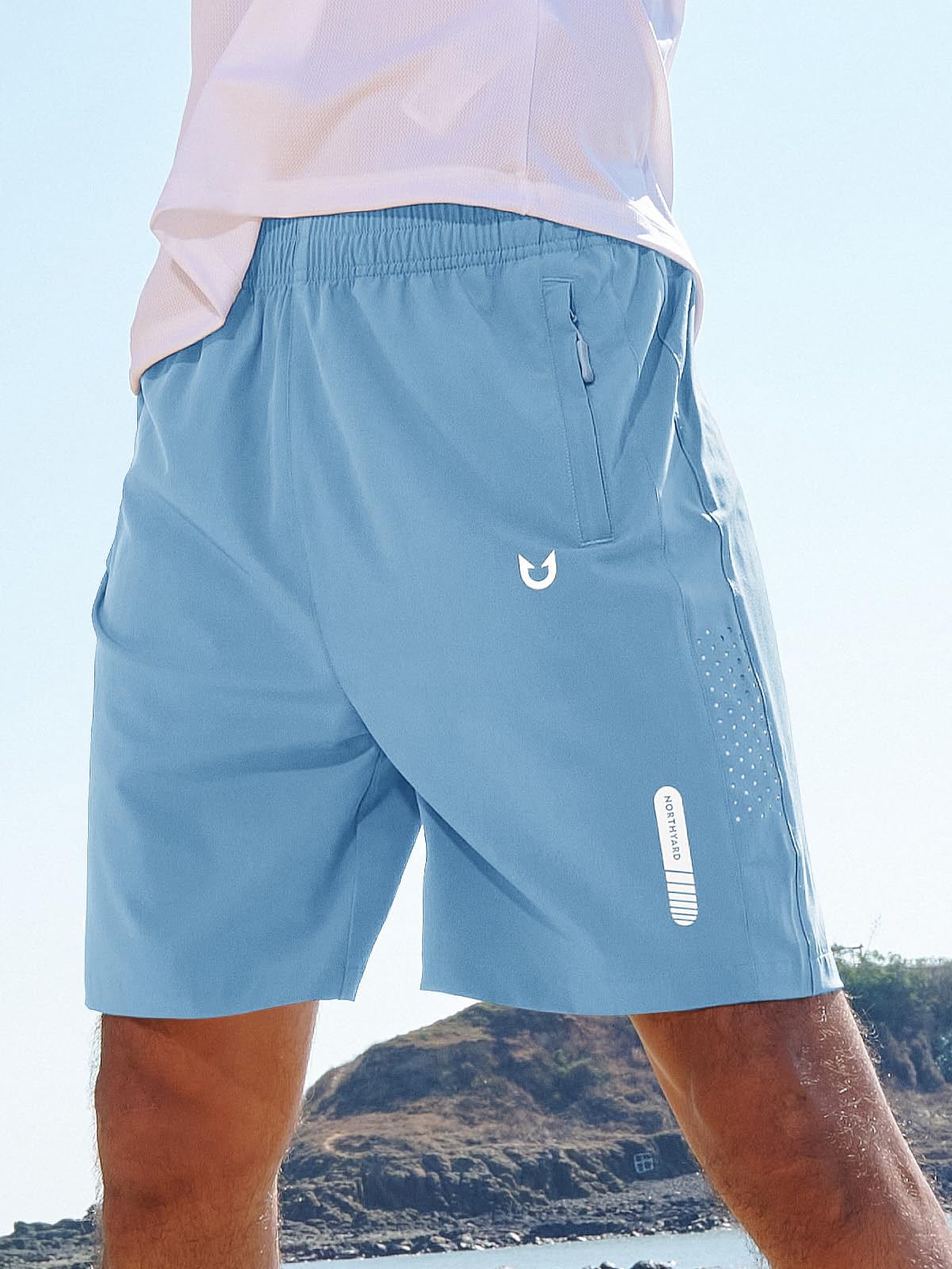 NORTHYARD Men's Athletic Running Shorts Gym Workout 7"/9"/5" Quick Dry Lightweight Sports Basketball Tennis 3 Zipper Pockets SkyBlue 3XL