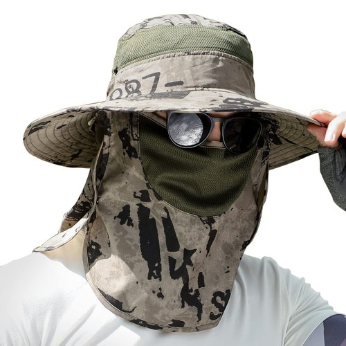 UPF 50+ Sun Fishing Hat for Men Women Wide Brim Hat with Detachable Face Cover & Neck Flap