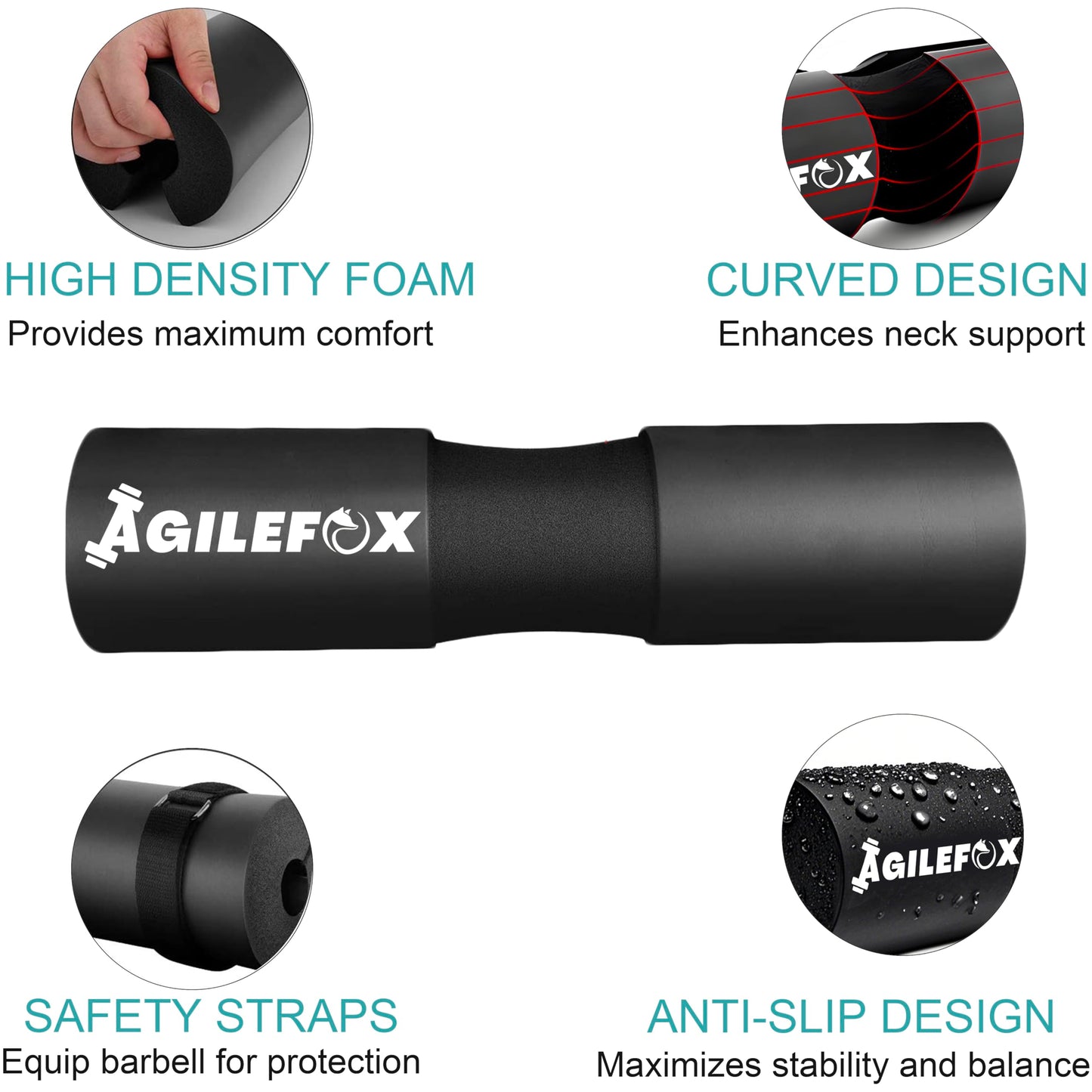 AGlLEFOXX Barbell Pad - Squat Pad-Hip Thrust Foam Pad, Comfort & Safety for Strength Training and Hip Thrust- Provides Cushion to Neck and Shoulders While Training (Black)