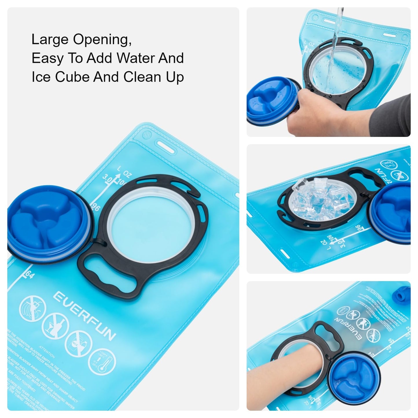 EVERFUN Hydration Bladder 3L 100oz Water Reservoir for Hiking Backpack, Leak Proof Water Bladder with Detachable Hose & High Flow Bite Valve, Water Pouch for Cycling, Running