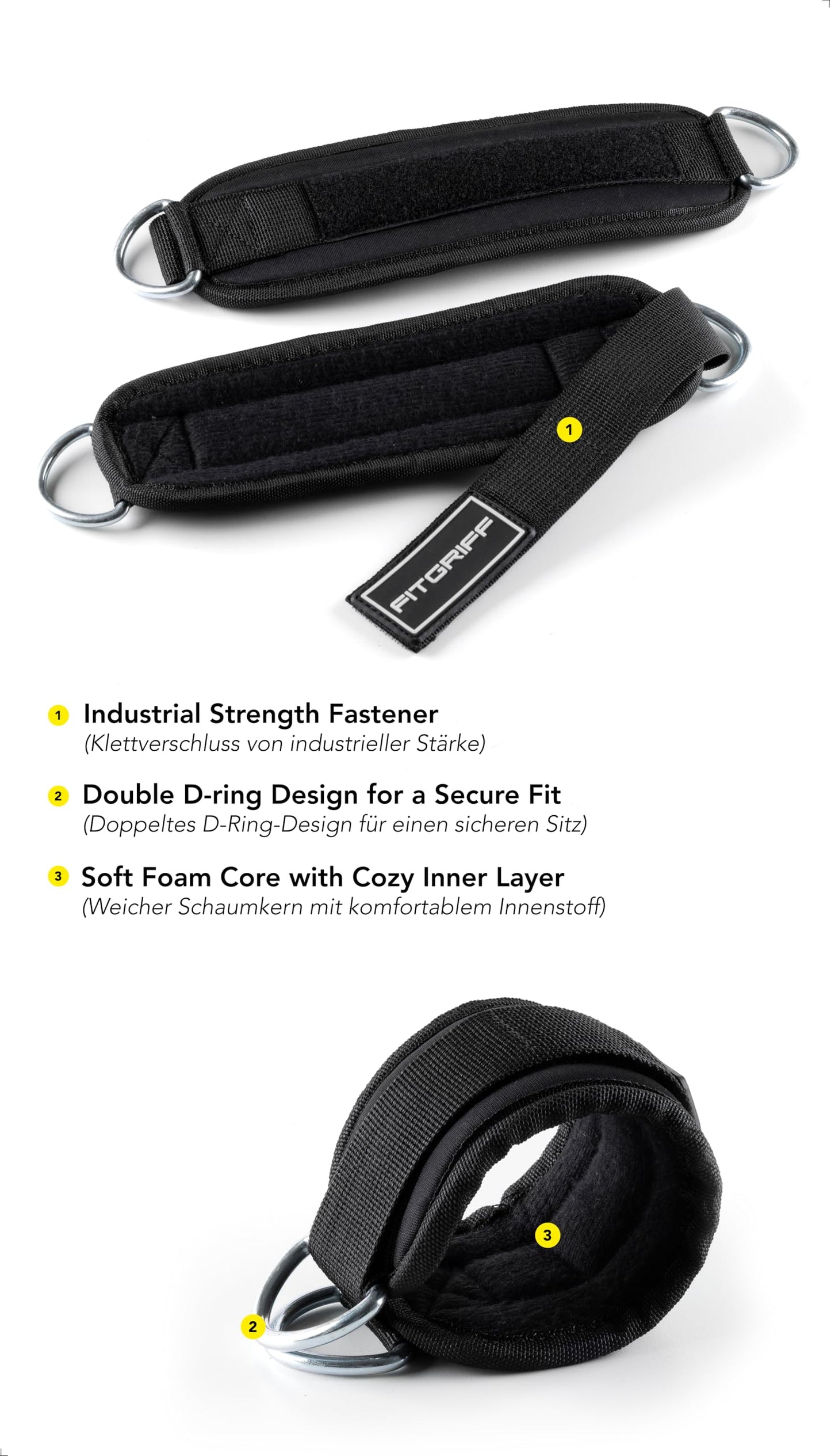 Fitgriff® Ankle Straps V3 for Cable Machine (2 Pieces) - Gym Workout Equipment - Leg Pulley Attachment, Kickback Straps (Black/White)