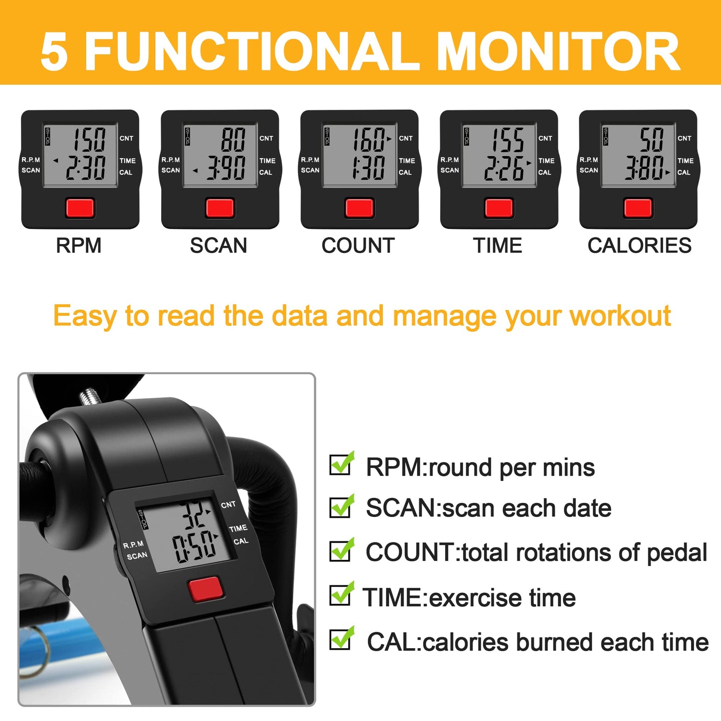 Folding Pedal Exerciser Mini Exercise Bike Portable Peddler Arms and Legs Low Impact Workout Bike with LCD (Blue)