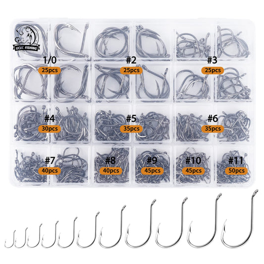 UCEC Octopus Hooks Saltwater Freshwater Fishing Hooks, 400pcs Barbed Catfish Bend Eye Hook High Carbon Steel Various Fish Species Hook Kit - Size 1/0#1#2#3#4#5#6#7#8#9#10#11