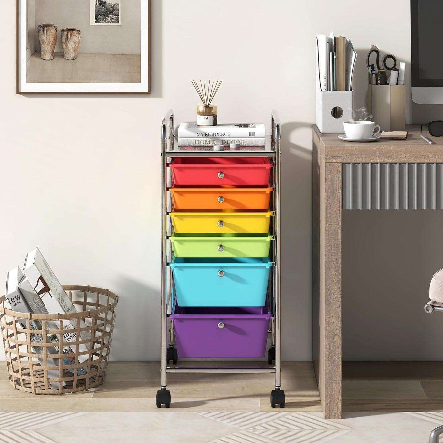 RELAX4LIFE 6-Drawer Rolling Storage Cart - Classroom Organization on Wheels w/Removable Plastic Drawers, Mobile Art Craft Cart for School Paper Home Office, Utility Cart with Drawers (Macaron)