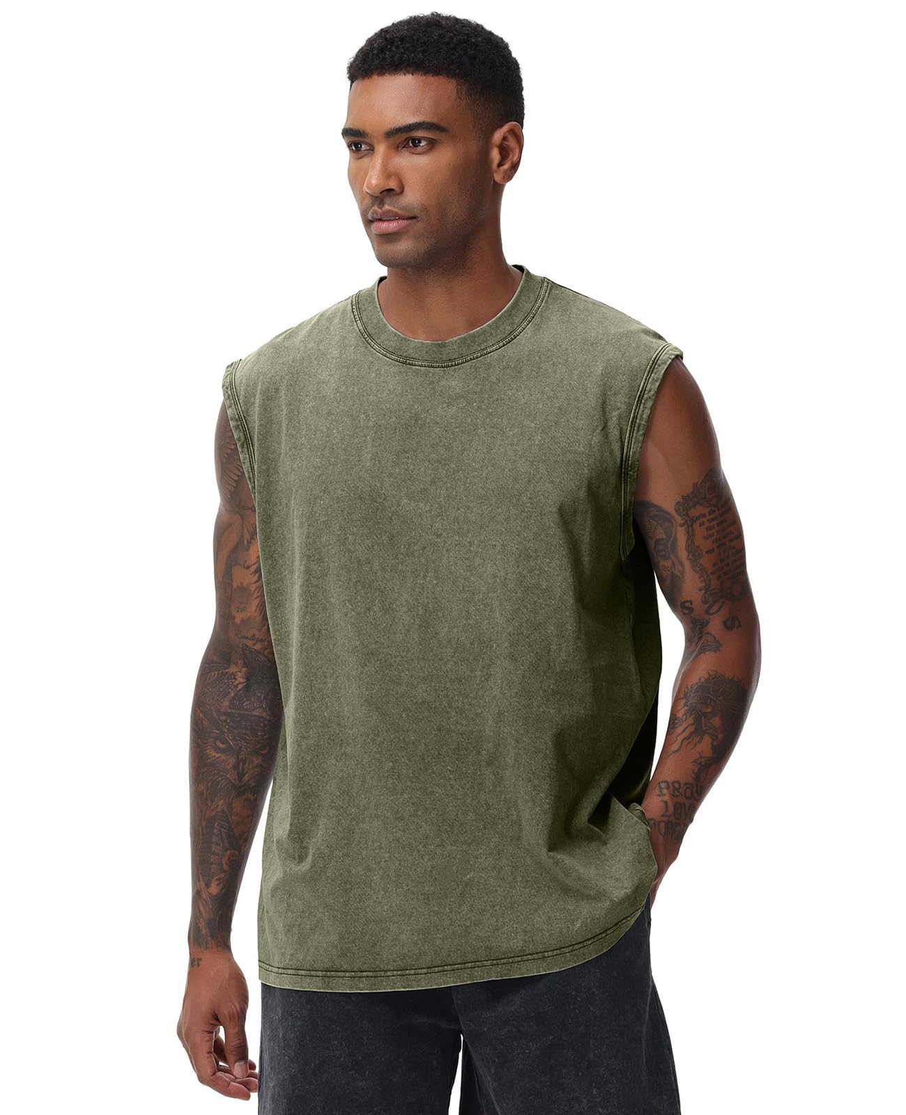 SnowElve 3 Pack Mens Workout Tank Tops Sleeveless Tee Shirts Men Muscle Shirt Gym Acid Wash T Shirts Running Beach Loose Fit Tee(BKAGAC,M)