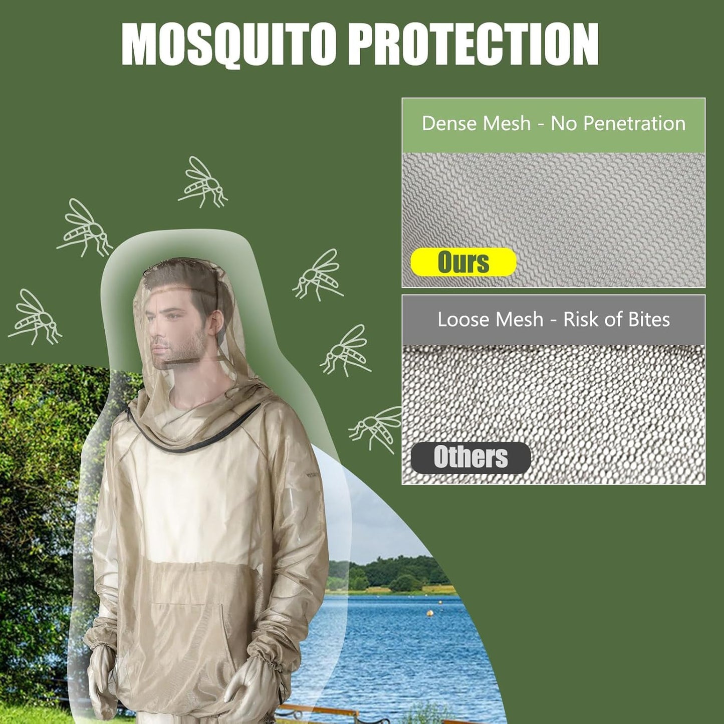 HOMEYA Bug Jacket L/XL, Anti Mosquito Netting Suit with Zipper on Hood Ultra-fine Mesh Pants Mitt Socks with Free Carry Pouch for Protecting Hunting Fishing Men Women