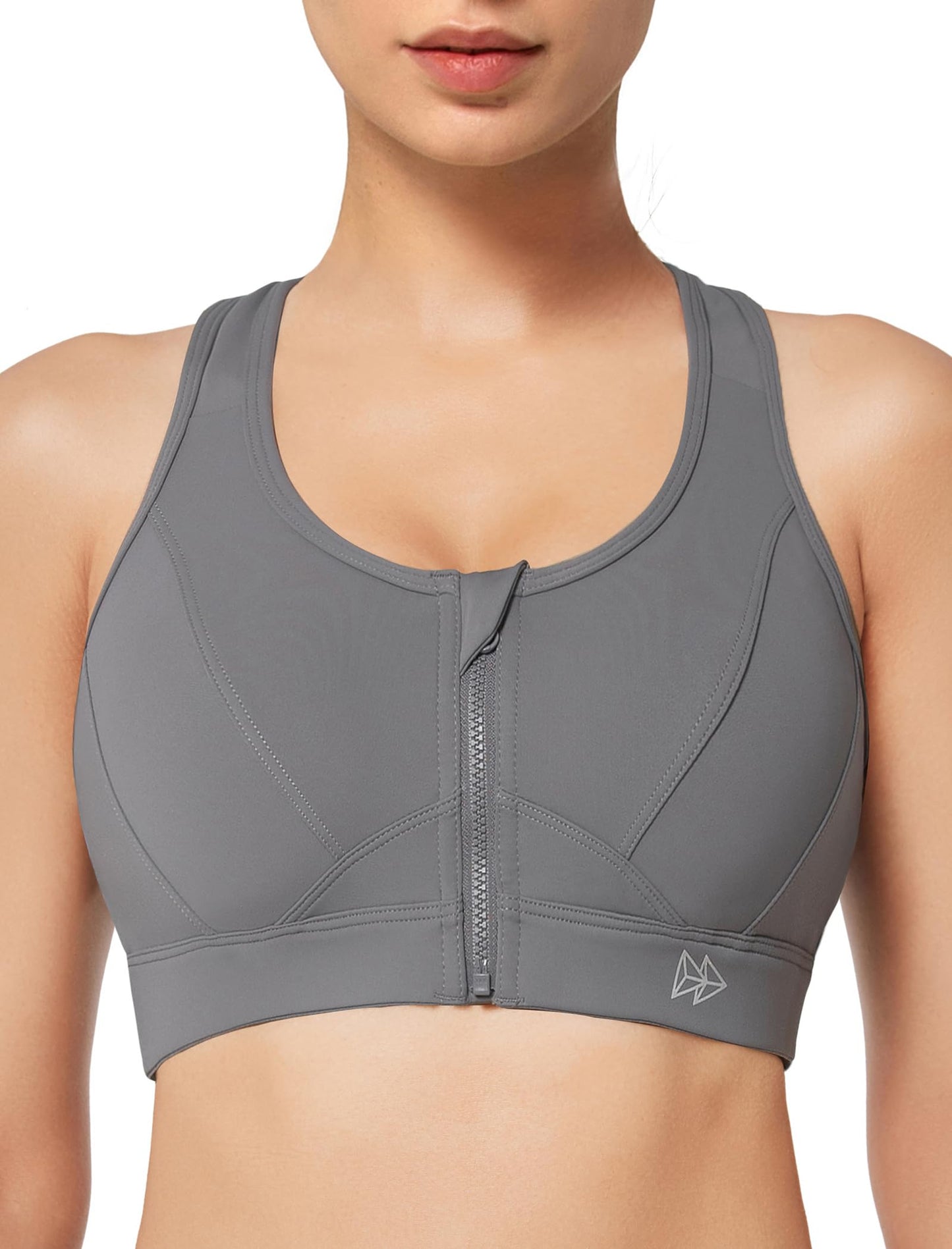 Yvette Zip Front Sports Bra - High Impact Sports Bras for Women Plus Size Workout Fitness Running,Grey,S