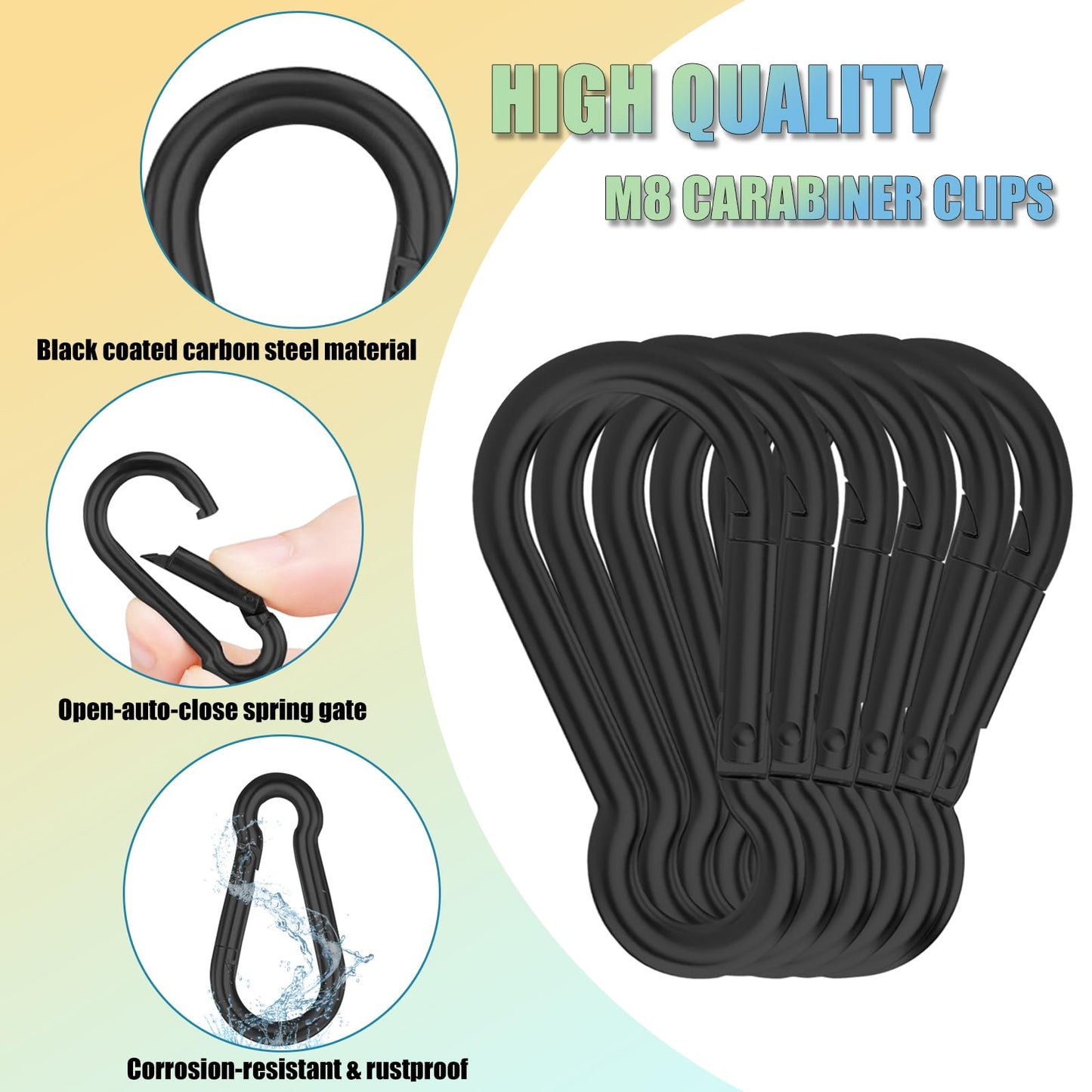 WENQUIT 36PCS M8 Spring Snap Hook, 3Inch Heavy Duty Carabiner Clips, 5/16" Galvanized Steel Quick Link Carabiner Hooks for Hammock, Camping, Hiking, Keychain, Water Bottle & Backpack-Black