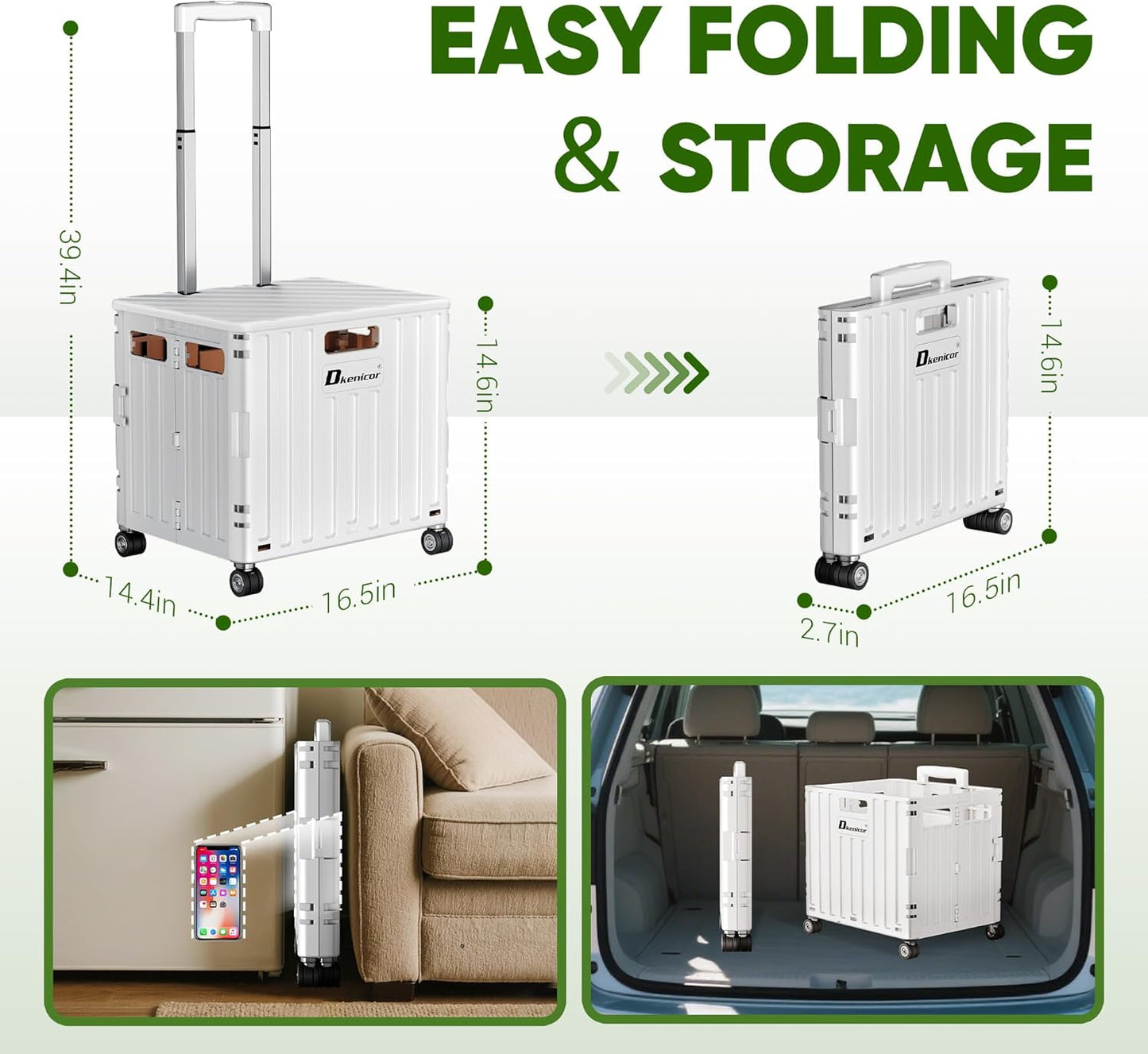 Folding Utility Cart with Lid, Portable Rolling Crate Handcart Collapsible Shopping Trolley, Durable Plastic Foldable Tool Basket with 4 Rotate Wheels for Grocery, Office, Luggage, School - White