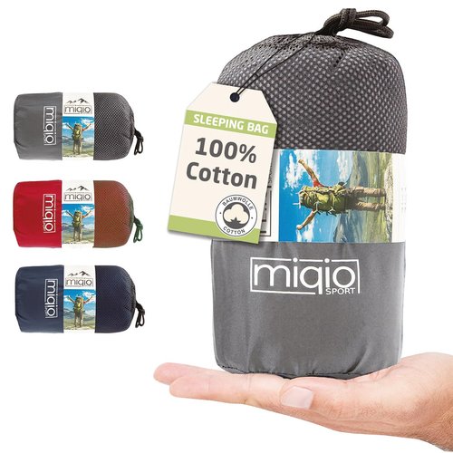 MIQIO 2-in-1 Cotton Sleeping Bag With Full Zip (Couplable): Lightweight Comfort Travel and XL Blanket in One - Summer Inner Sleeping Bag (Grey, Left)