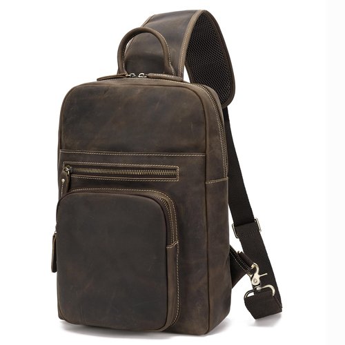 nomeity Men's Full Grain Crossbody Retro Leather Sling Bag For Men Outdoor Travel/Hiking Shoulder Chest Daypack For iPad Pro 12.9
